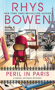 Image shows main character Georgie in a white hat and red suit in a suite in Paris. She is sitting at a mirror in front of a decorative scrolled balcony with the Eiffel Tower in the distance. Text says "RHYS BOWEN New York Times Bestselling Author PERIL IN PARIS A Royal Spyness Mystery"