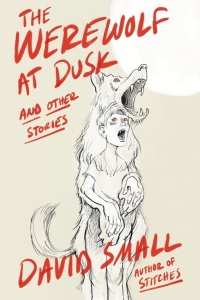 Image of a boy with fangs who appears to be howling inside a wolf who also appears to be howling. Both boy and wolf have red eyes. Text says "THE WEREWOLF AT DUSK AND OTHER STORIES DAVID SMALL AUTHOR OF STITCHES"